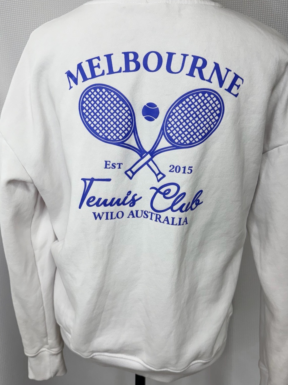Tennis Club Graphic Crewneck Sweatshirt - White with Blue Print - Picture 5 of 15
